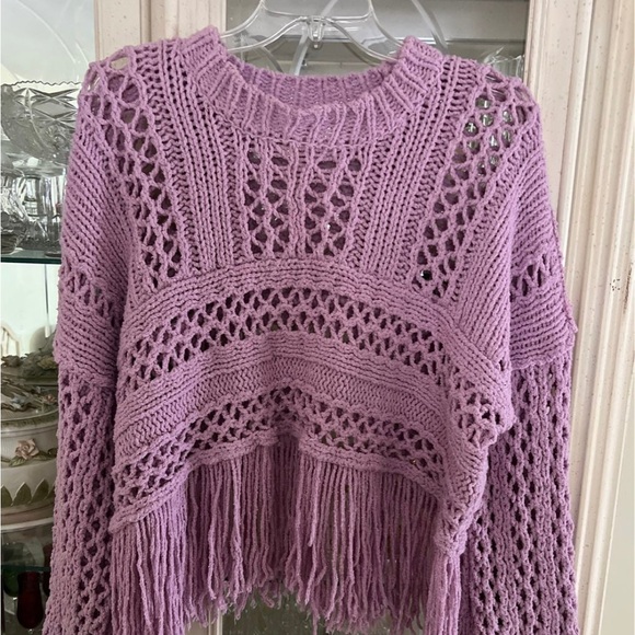 Free People boho fringe sweater pullover size a medium lavender - Picture 10 of 14